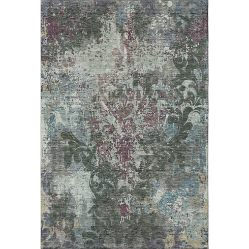 5' X 8' Fern Green Purple And Teal Damask Washable Area Rug With UV Protection