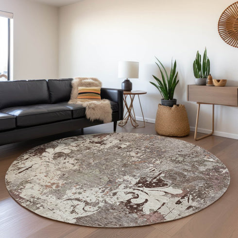 8' Taupe Beige And Gray Damask Washable Round Rug With UV Protection