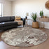 8' Taupe Beige And Gray Damask Washable Round Rug With UV Protection