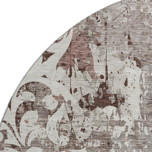 8' Taupe Beige And Gray Damask Washable Round Rug With UV Protection