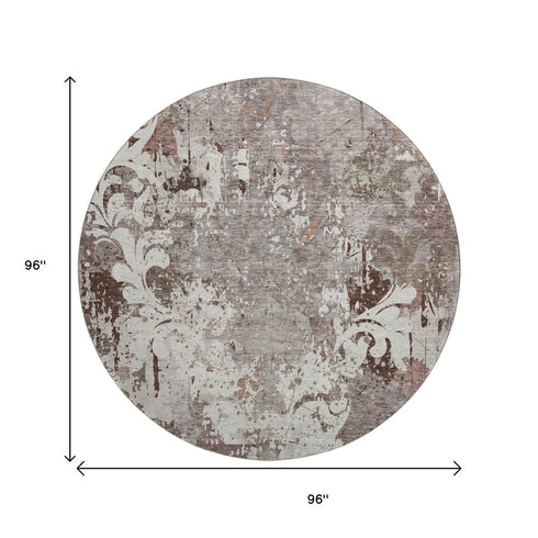 8' Taupe Beige And Gray Damask Washable Round Rug With UV Protection