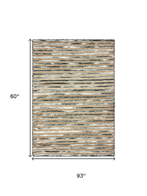 5' X 8' Charcoal Cream And Natural Striped Hand Braided Area Rug