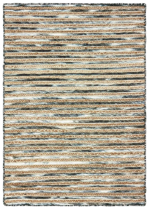 5' X 8' Charcoal Cream And Natural Striped Hand Braided Area Rug