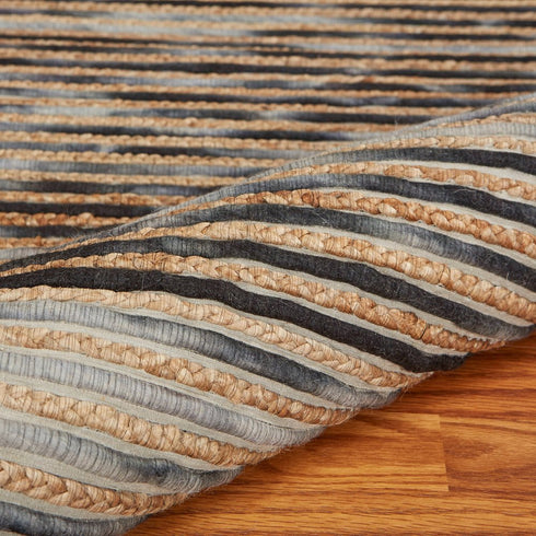 5' X 8' Charcoal Cream And Natural Striped Hand Braided Area Rug