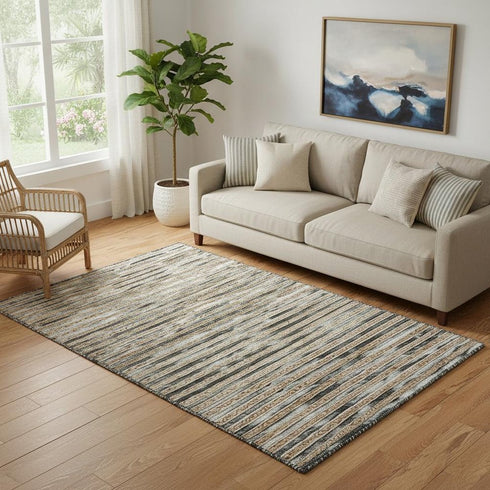 5' X 8' Charcoal Cream And Natural Striped Hand Braided Area Rug
