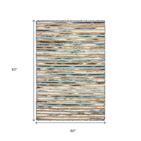 5' X 8' Blue Dark Gray And Natural Striped Hand Braided Area Rug