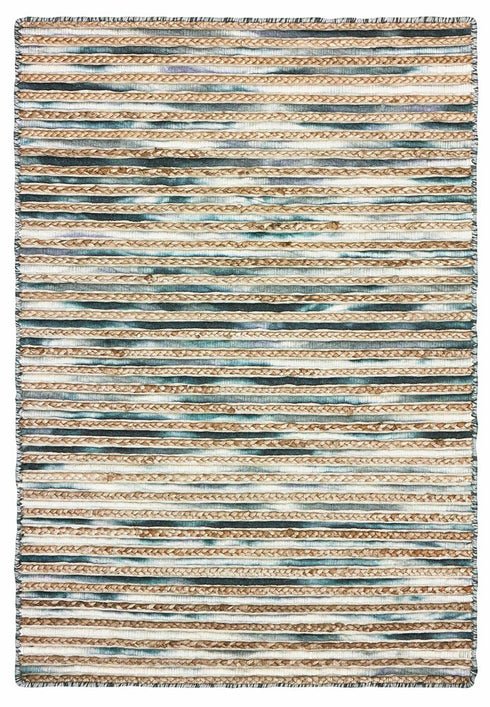 5' X 8' Blue Dark Gray And Natural Striped Hand Braided Area Rug