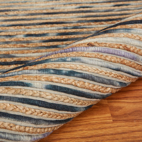 5' X 8' Blue Dark Gray And Natural Striped Hand Braided Area Rug