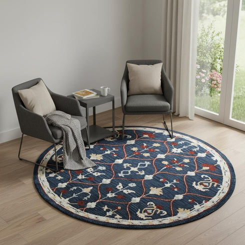 7' Navy Blue And Red Wool Trellis Hand Tufted Round Rug