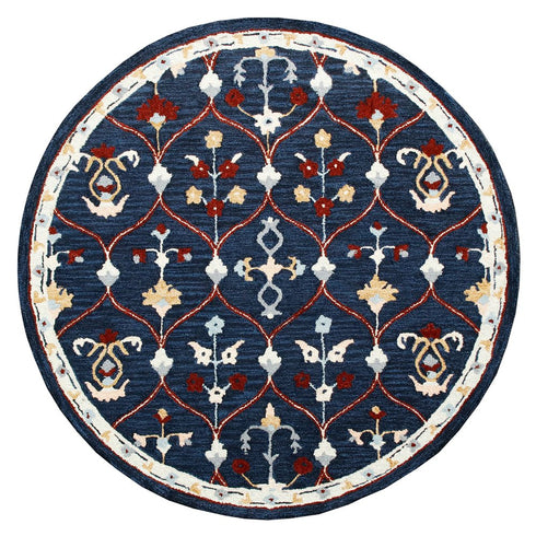 7' Navy Blue And Red Wool Trellis Hand Tufted Round Rug