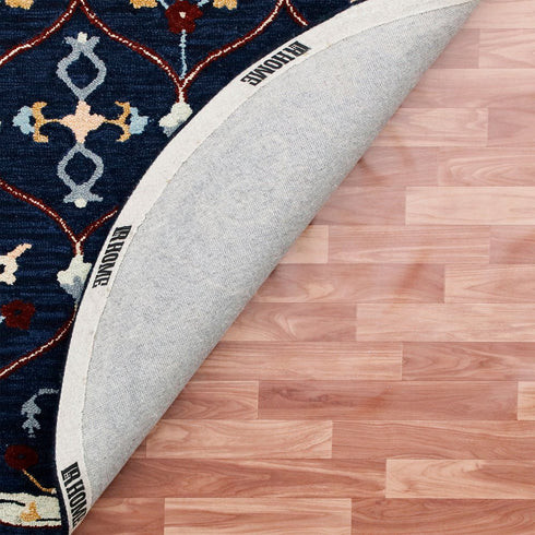 7' Navy Blue And Red Wool Trellis Hand Tufted Round Rug