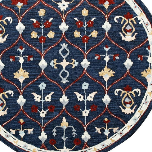 7' Navy Blue And Red Wool Trellis Hand Tufted Round Rug