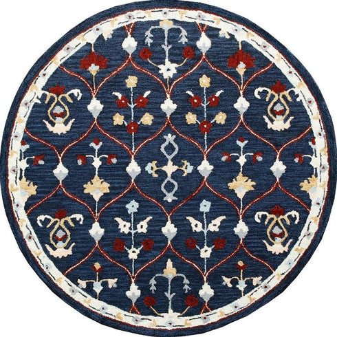 7' Navy Blue And Red Wool Trellis Hand Tufted Round Rug