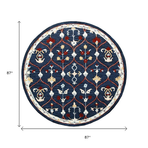 7' Navy Blue And Red Wool Trellis Hand Tufted Round Rug