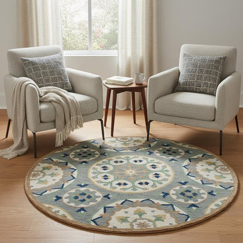 7' Brown And Gray Wool Medallion Hand Tufted Round Rug
