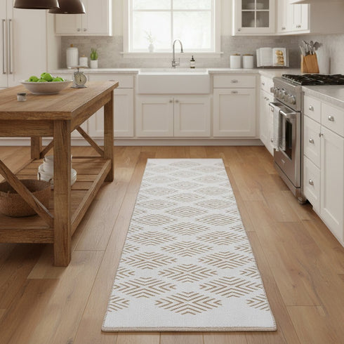 8' Tan And Ivory Diamond Hand Woven Runner Rug