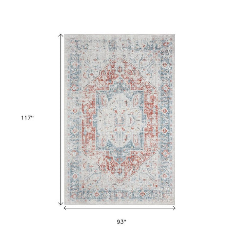 8' X 10' Blue And Orange Medallion Area Rug With UV Protection