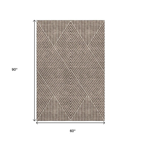 5' X 8' Brown And Beige Geometric Washable Area Rug With UV Protection