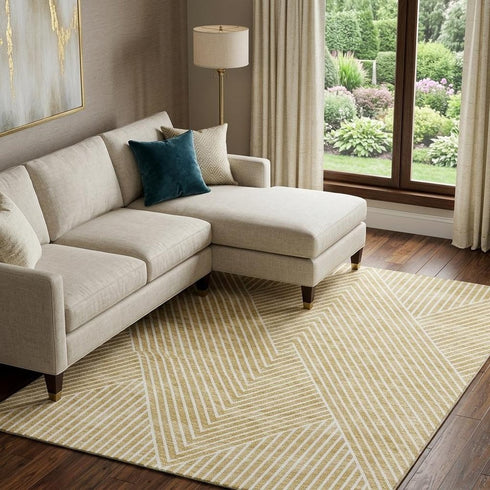 8' X 10' Gold And Ivory Geometric Washable Area Rug With UV Protection