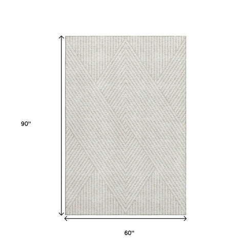 5' X 8' Ivory And Beige Geometric Washable Area Rug With UV Protection