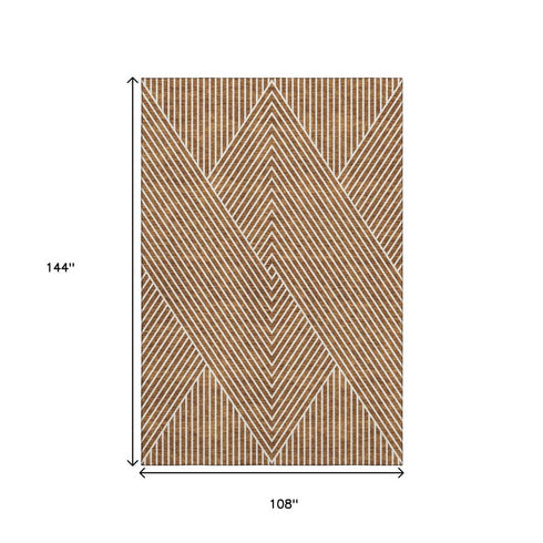 9' X 12' Terra Cotta And Ivory Geometric Washable Area Rug With UV Protection