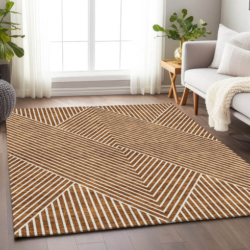9' X 12' Terra Cotta And Ivory Geometric Washable Area Rug With UV Protection
