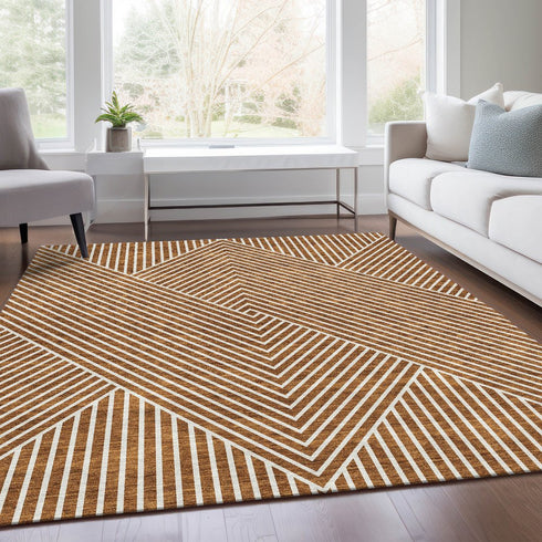 9' X 12' Terra Cotta And Ivory Geometric Washable Area Rug With UV Protection