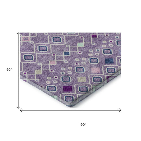 5' X 8' Lavender Ivory And Blue Southwestern Washable Area Rug With UV Protection