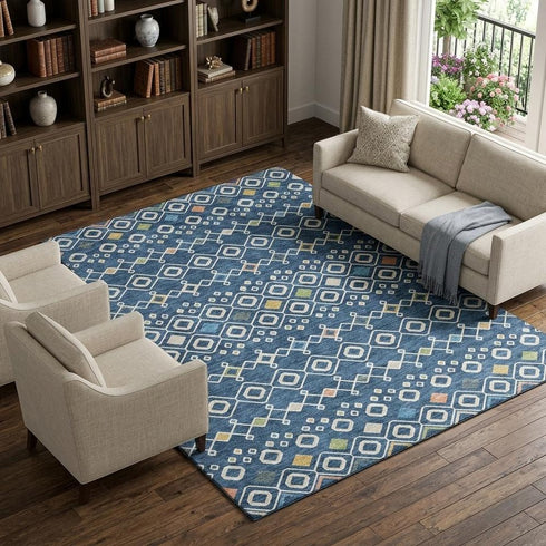 8' X 10' Navy Blue Peach And Gold Southwestern Washable Area Rug With UV Protection