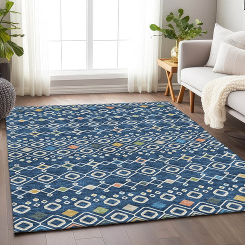 8' X 10' Navy Blue Peach And Gold Southwestern Washable Area Rug With UV Protection