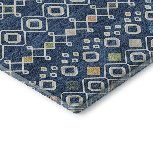 8' X 10' Navy Blue Peach And Gold Southwestern Washable Area Rug With UV Protection