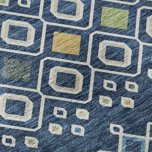 8' X 10' Navy Blue Peach And Gold Southwestern Washable Area Rug With UV Protection