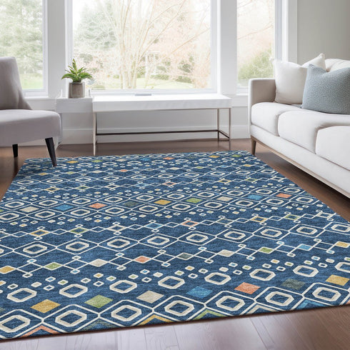8' X 10' Navy Blue Peach And Gold Southwestern Washable Area Rug With UV Protection