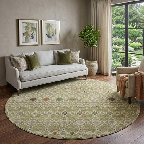 8' Sage Beige And Gold Southwestern Washable Round Rug With UV Protection