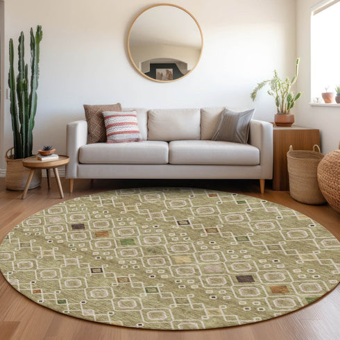 8' Sage Beige And Gold Southwestern Washable Round Rug With UV Protection