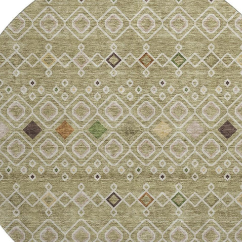8' Sage Beige And Gold Southwestern Washable Round Rug With UV Protection