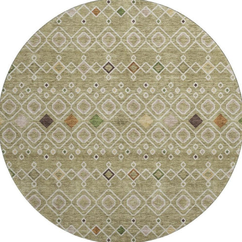 8' Sage Beige And Gold Southwestern Washable Round Rug With UV Protection