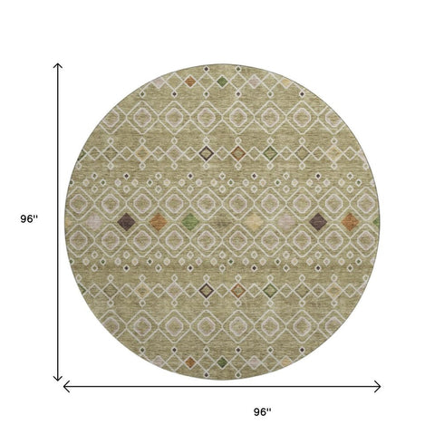 8' Sage Beige And Gold Southwestern Washable Round Rug With UV Protection