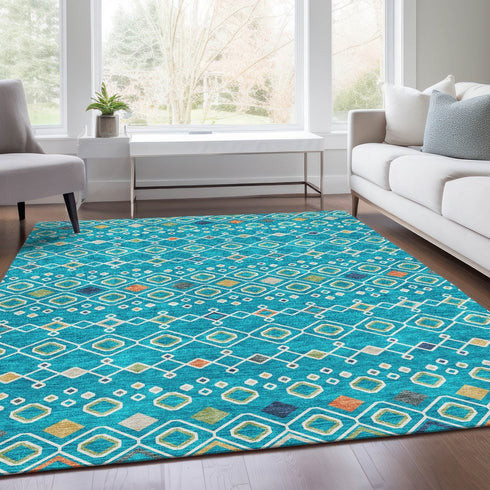 8' X 10' Teal Gold And Green Southwestern Washable Area Rug With UV Protection
