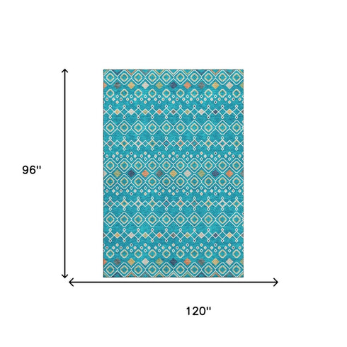 8' X 10' Teal Gold And Green Southwestern Washable Area Rug With UV Protection