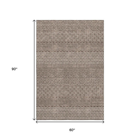 5' X 8' Brown And Beige Striped Washable Area Rug With UV Protection