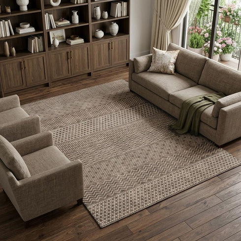 8' X 10' Brown And Beige Striped Washable Area Rug With UV Protection