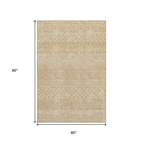 5' X 8' Gold And Ivory Striped Washable Area Rug With UV Protection