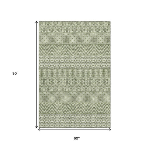 5' X 8' Green And Ivory Striped Washable Area Rug With UV Protection
