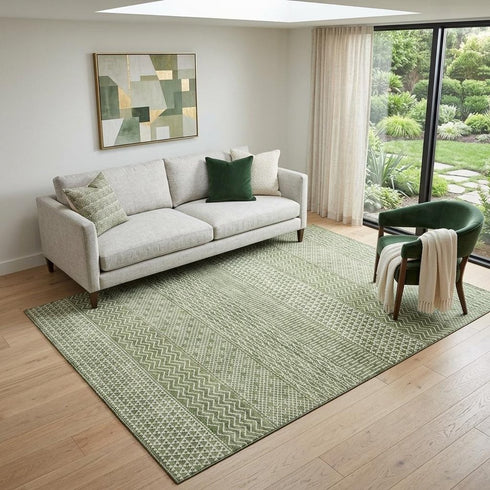 5' X 8' Green And Ivory Striped Washable Area Rug With UV Protection