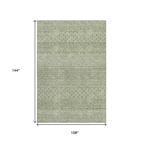 9' X 12' Green And Ivory Striped Washable Area Rug With UV Protection