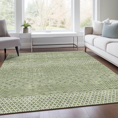 9' X 12' Green And Ivory Striped Washable Area Rug With UV Protection