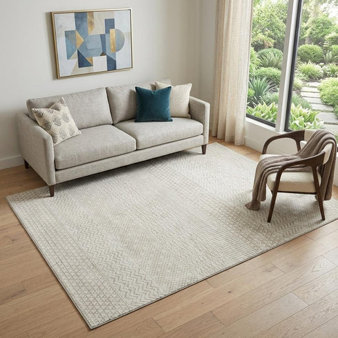 5' X 8' Ivory And Beige Striped Washable Area Rug With UV Protection