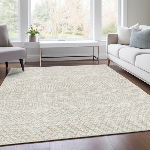 8' X 10' Ivory And Beige Striped Washable Area Rug With UV Protection