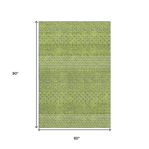 5' X 8' Lime Green And Ivory Striped Washable Area Rug With UV Protection